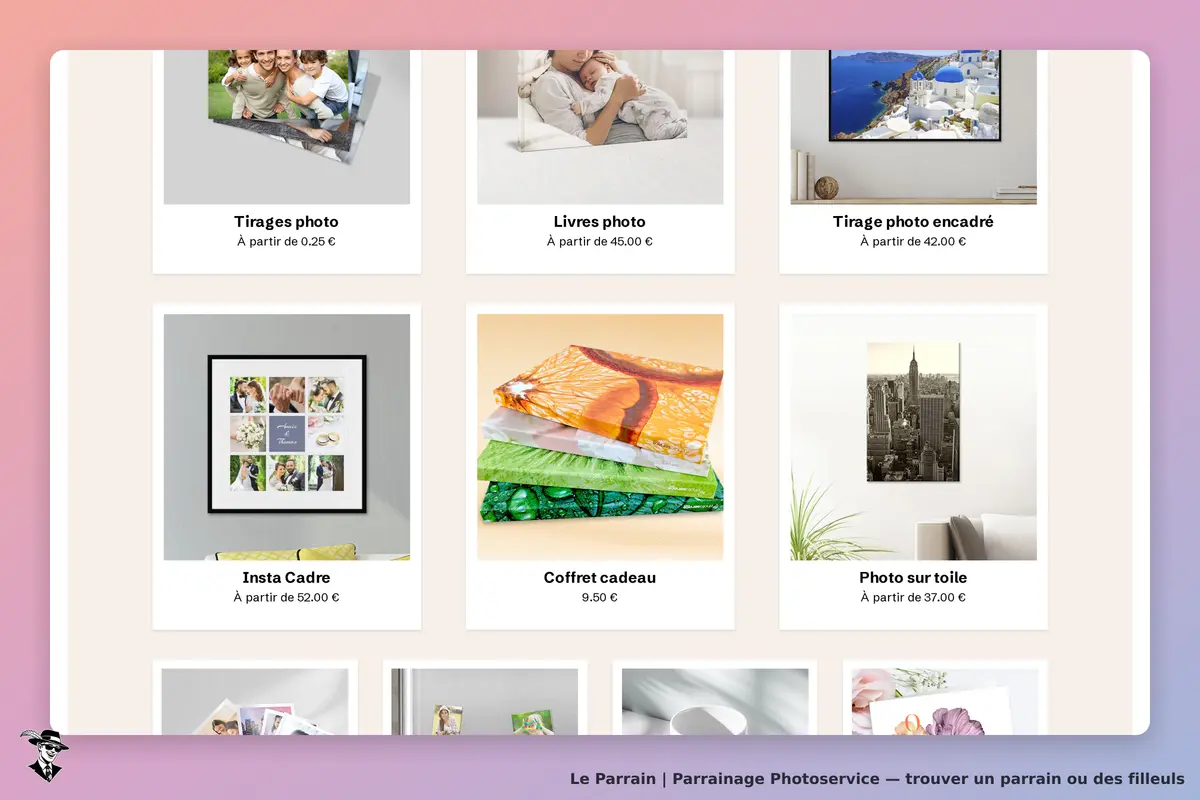 Photoservice : page d'accueil présentant divers produits photo et options de tirages