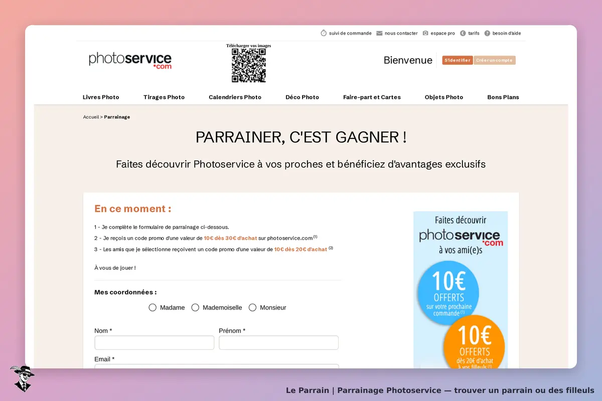 Photoservice : page de parrainage avec formulaire à remplir et informations sur le programme