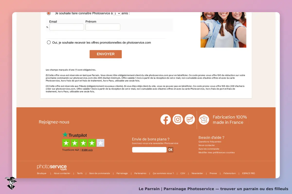 Photoservice : formulaire de parrainage avec champs pour email et prénom, logo et mentions légales