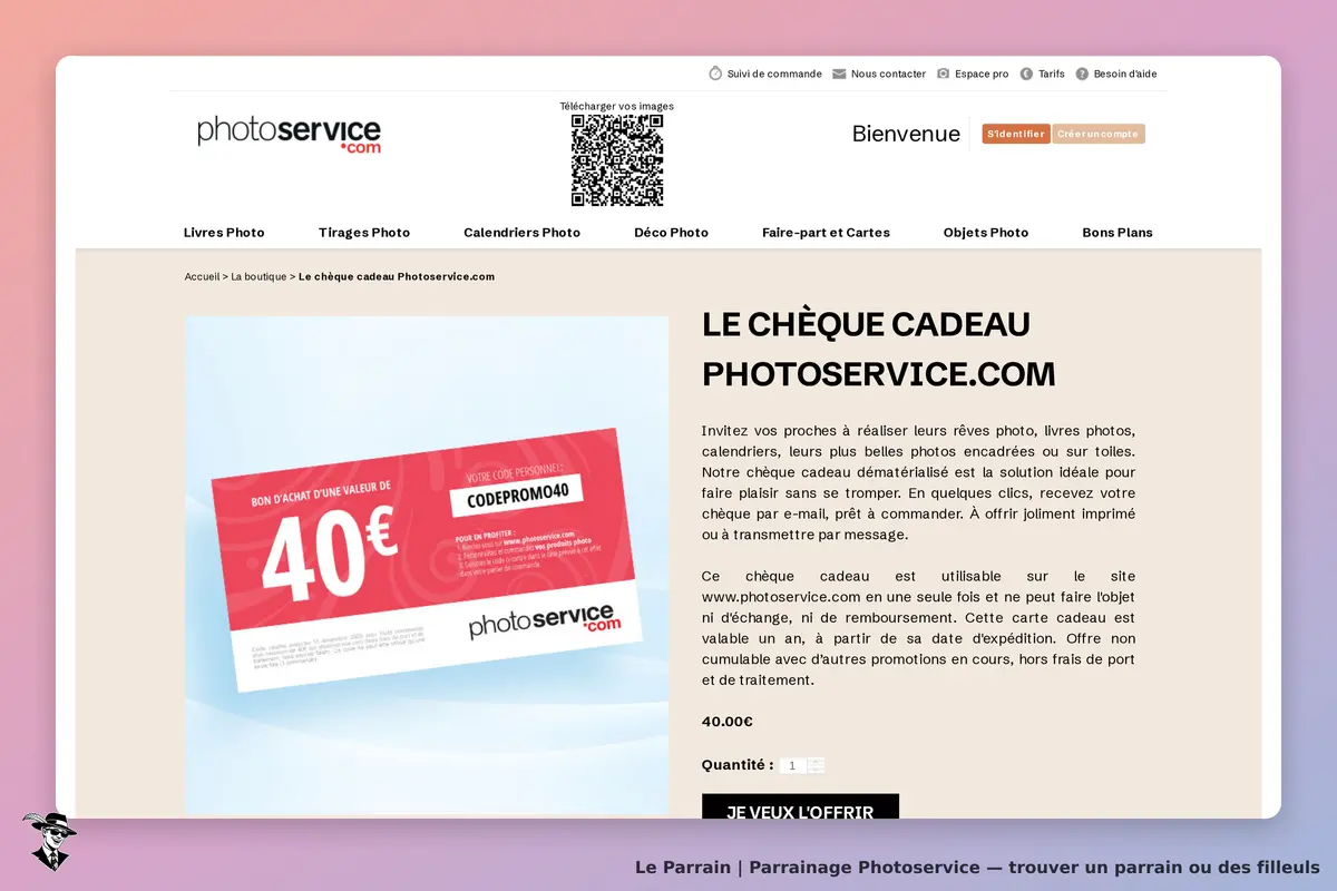 Photoservice : page présentant un chèque cadeau avec code promo et détails d'utilisation