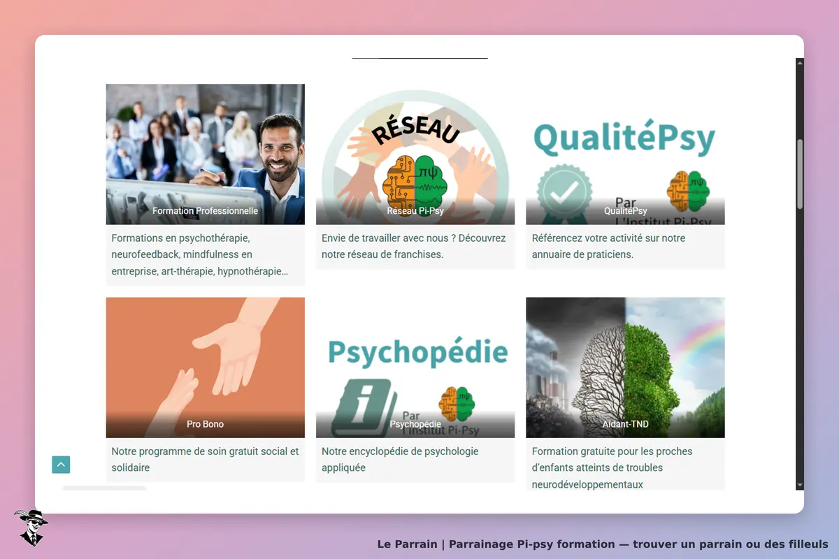Pi-psy formation : page d'accueil avec plusieurs sections sur les formations et services proposés