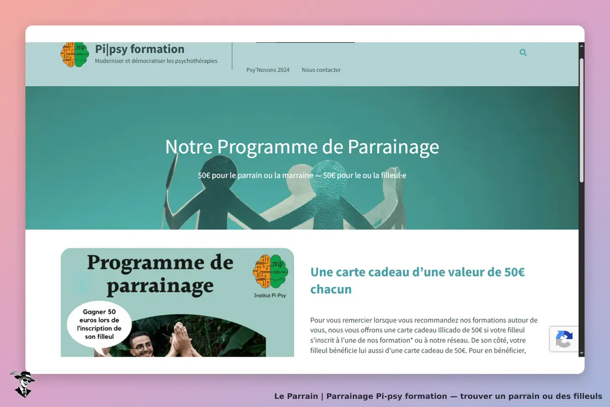 Pi-psy formation : page d'accueil présentant le programme de parrainage et une carte cadeau