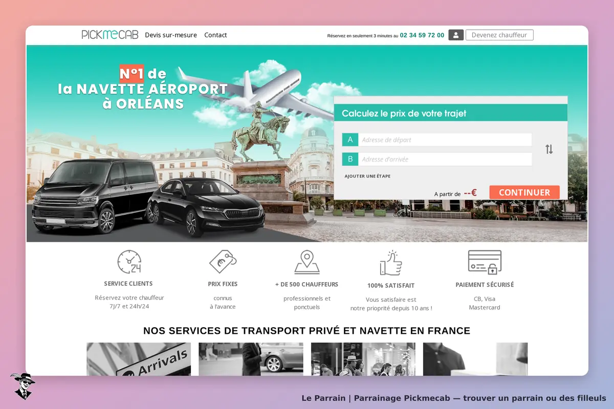 Pickmecab : page d'accueil avec voitures, formulaire de trajet et informations sur le service