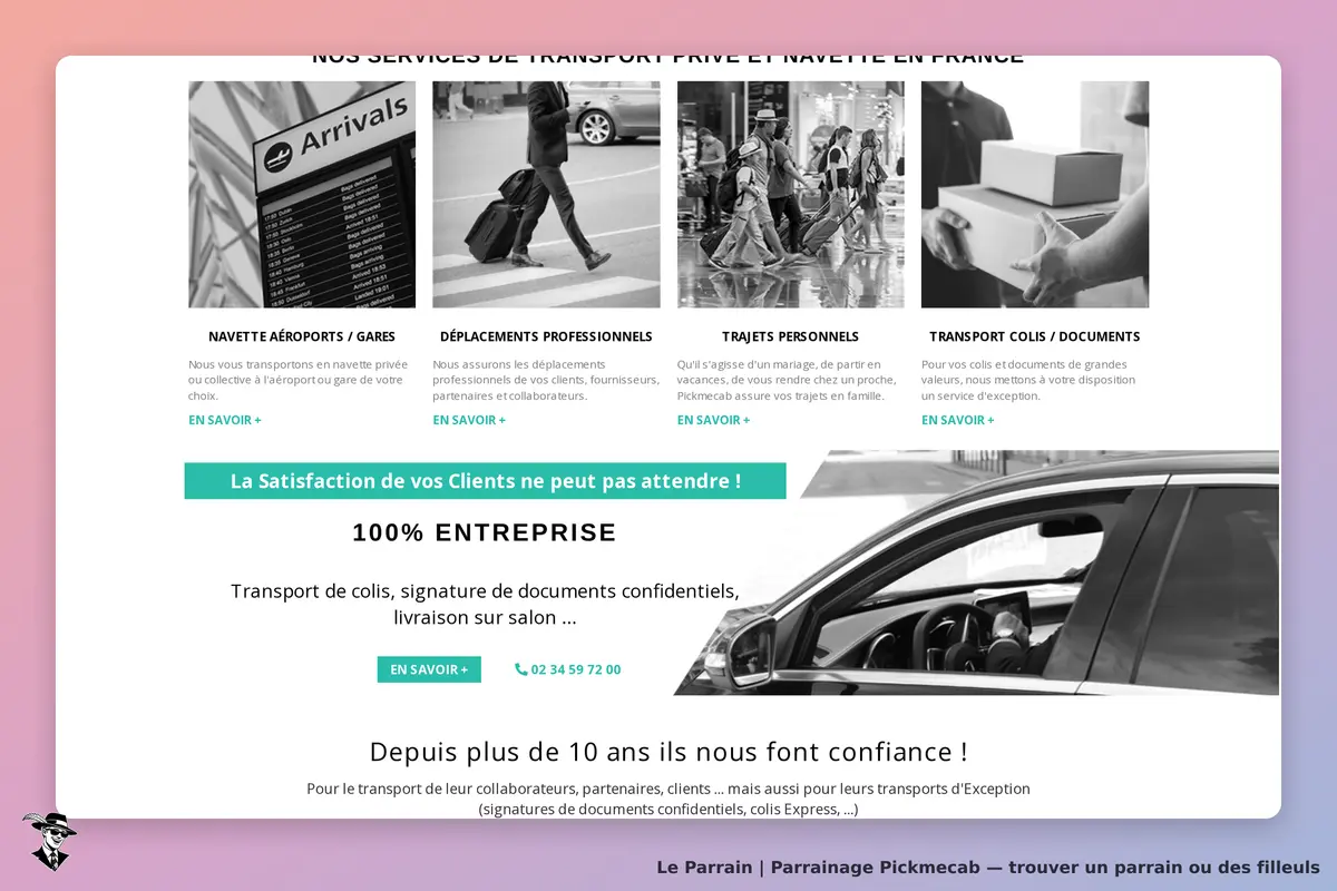 Pickmecab : page d'accueil présentant les services de transport privé et navette en France