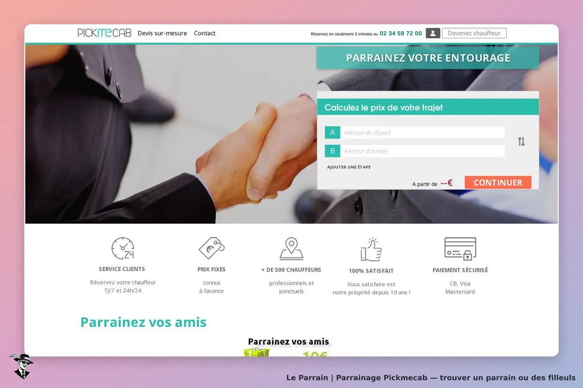 Pickmecab : page d'accueil avec formulaire de calcul de prix de trajet et option de parrainage