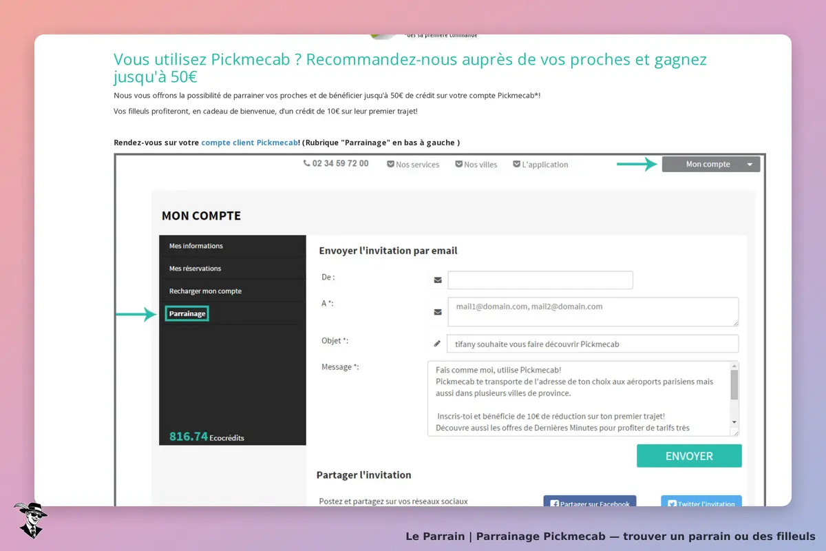 Pickmecab : formulaire d'invitation par email pour le parrainage avec options à remplir