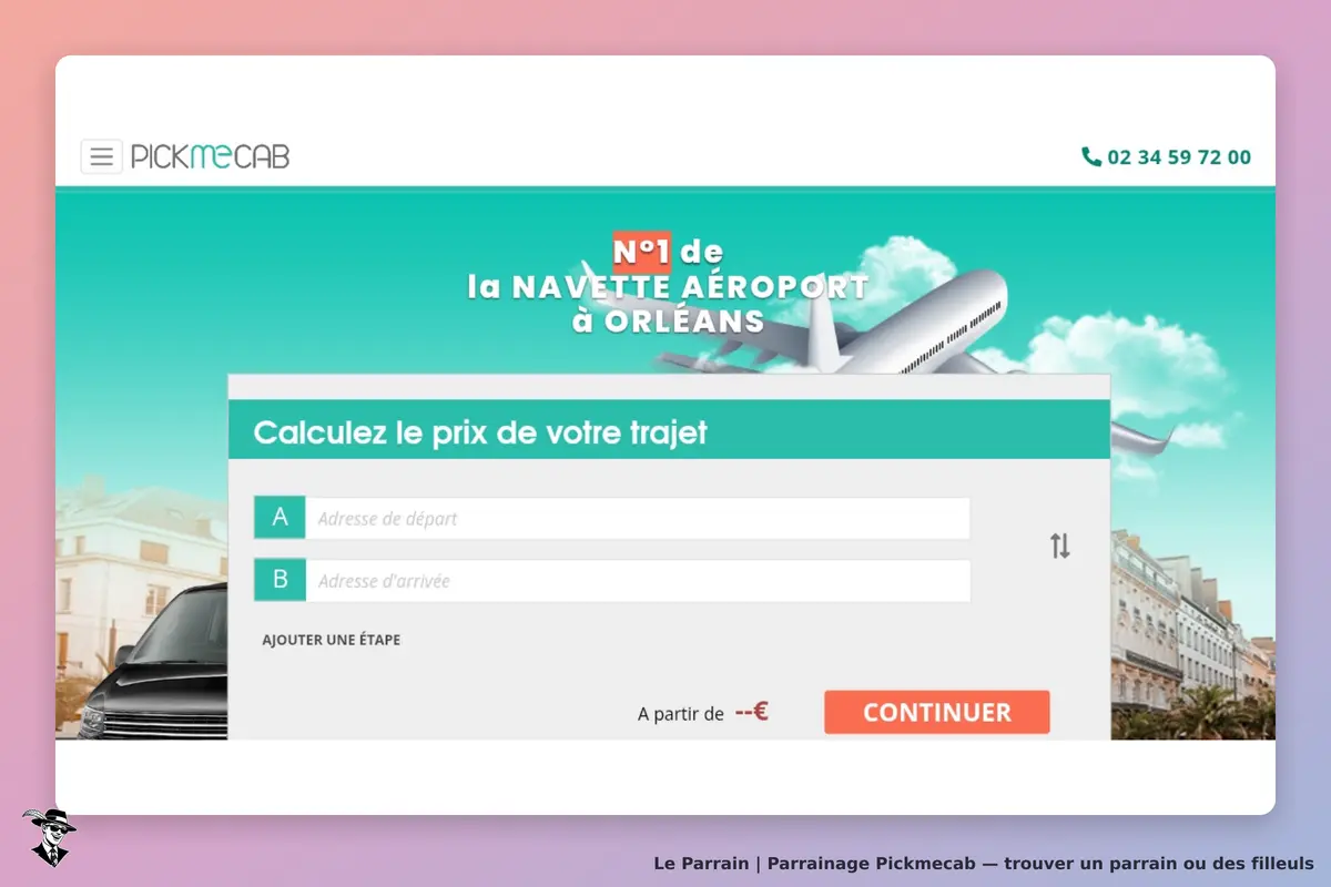 Pickmecab : page d'accueil avec formulaire pour calculer le prix d'un trajet aéroport