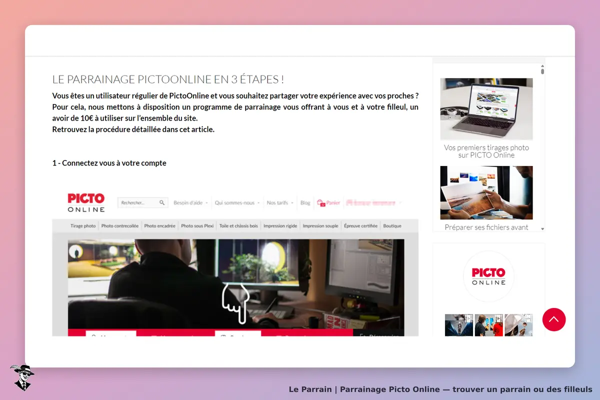 Picto Online : page d'accueil avec instructions de parrainage et aperçu de services proposés