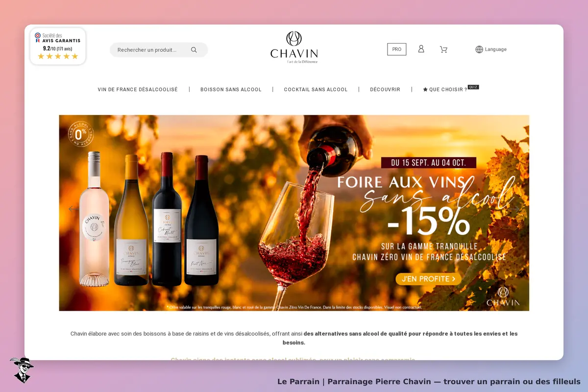 Pierre Chavin : page d'accueil présentant des vins sans alcool avec visuels attractifs