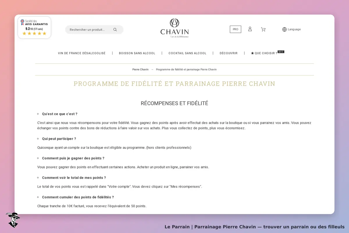 Pierre Chavin : page d'accueil sur le programme de fidélité et parrainage avec explications