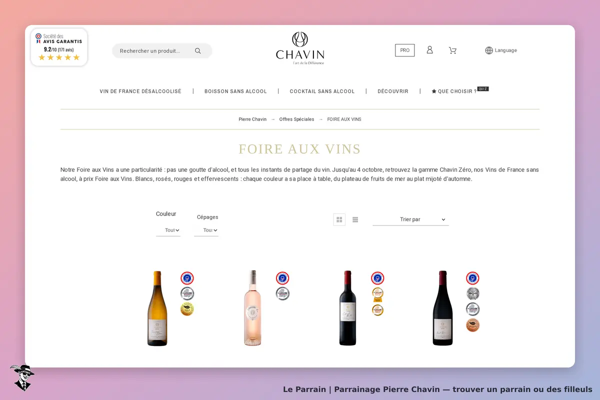 Pierre Chavin : page de catégorie "Foire aux Vins" avec divers vins affichés et filtres