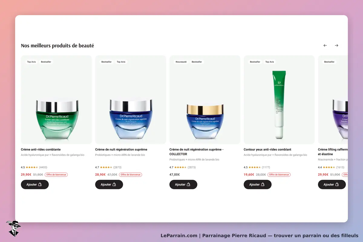 Pierre Ricaud : quatre produits de beauté avec leurs descriptions et évaluations affichées