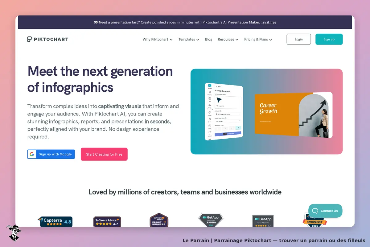 Piktochart : page d'accueil présentant des infographies et un bouton pour commencer gratuitement