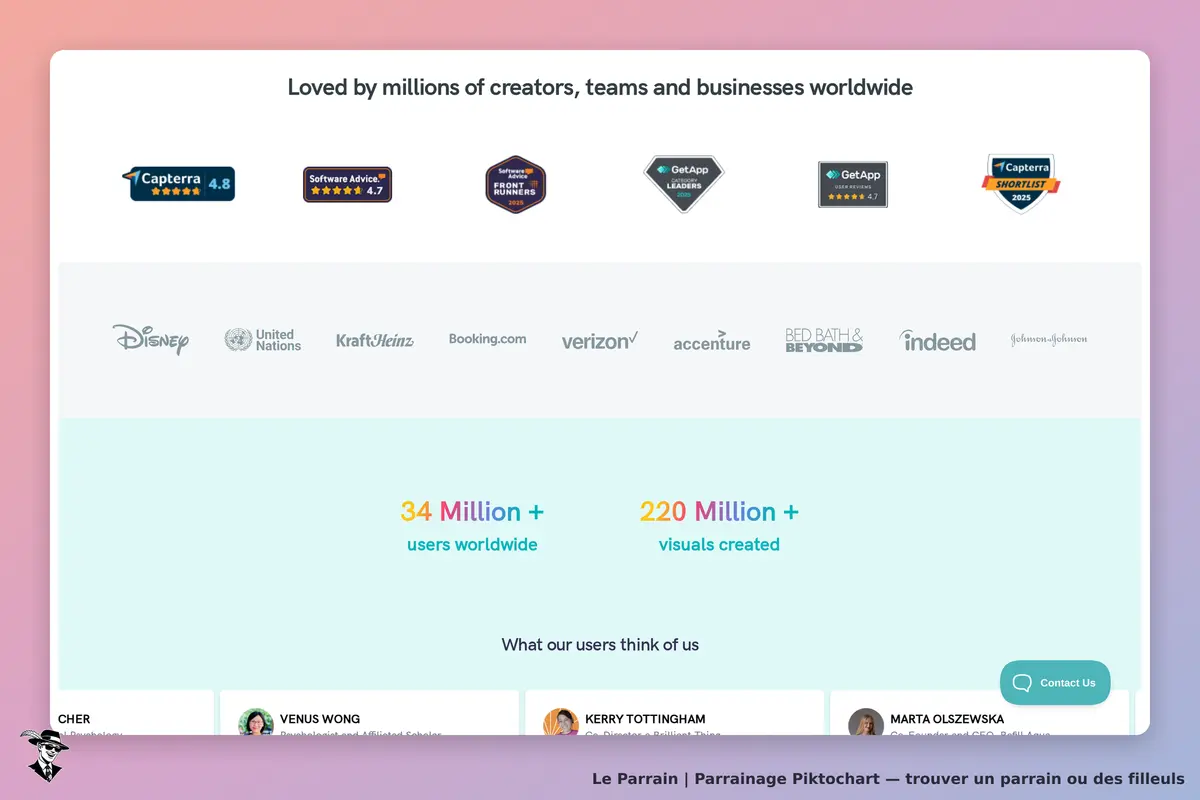 Piktochart : page d'accueil avec logos d'entreprises et témoignages d'utilisateurs