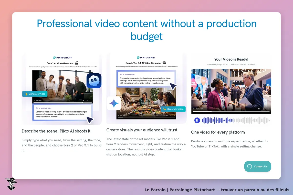 Piktochart : page d'accueil présentant des générateurs de vidéos AI et des exemples d'utilisation