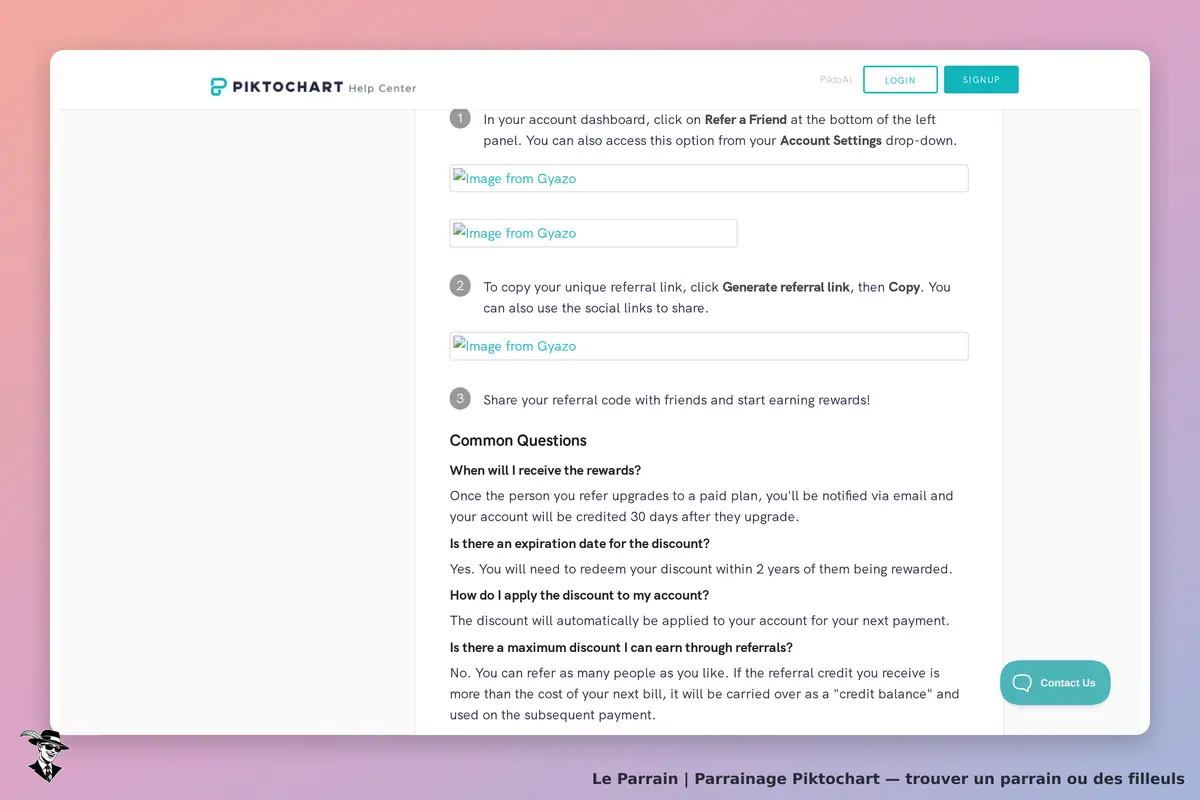 Piktochart : section d'aide sur le parrainage avec instructions et questions fréquentes
