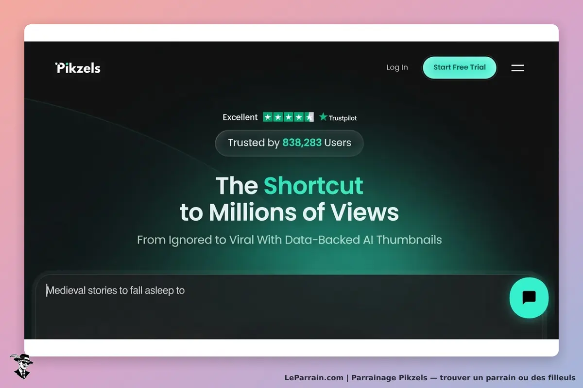 Pikzels : page d'accueil avec slogan et options de connexion et d'essai gratuit