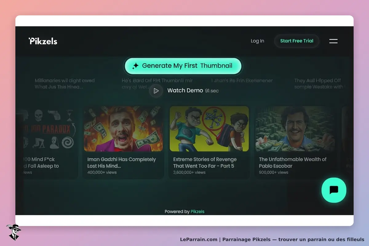 Pikzels : page d'accueil avec des vidéos et un bouton pour générer une miniature