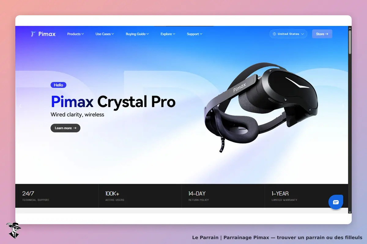 Pimax : page d'accueil affichant le casque Pimax Crystal Pro sur fond dégradé bleu