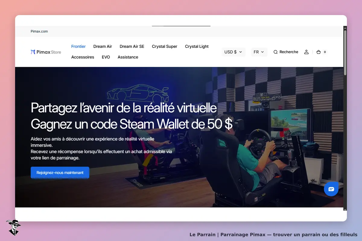 Pimax : page d'accueil avec un joueur en réalité virtuelle et un texte d'invitation au parrainage