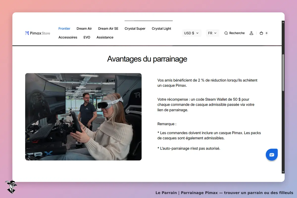 Pimax : page présentant les avantages du parrainage avec une femme utilisant un casque VR