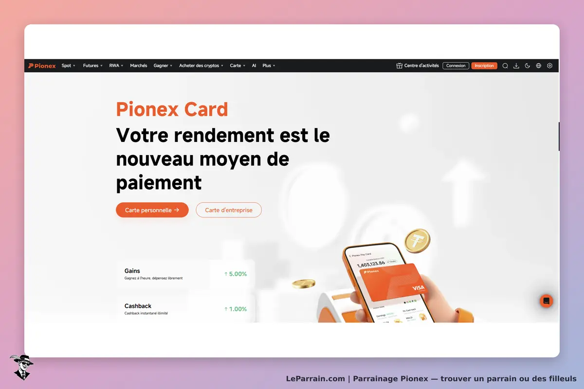 Pionex : page d'accueil présentant la carte Pionex avec des gains et du cashback