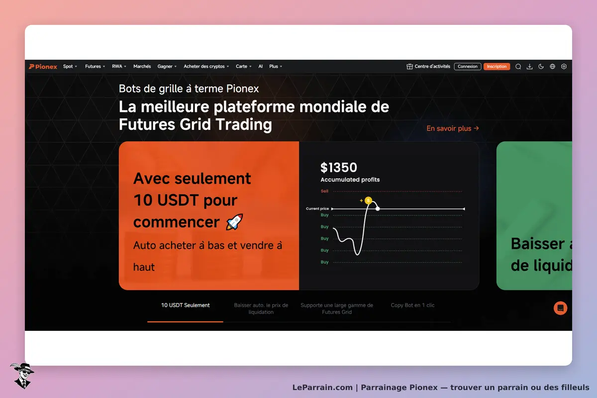 Pionex : page d'accueil présentant des informations sur le trading à terme et des graphiques