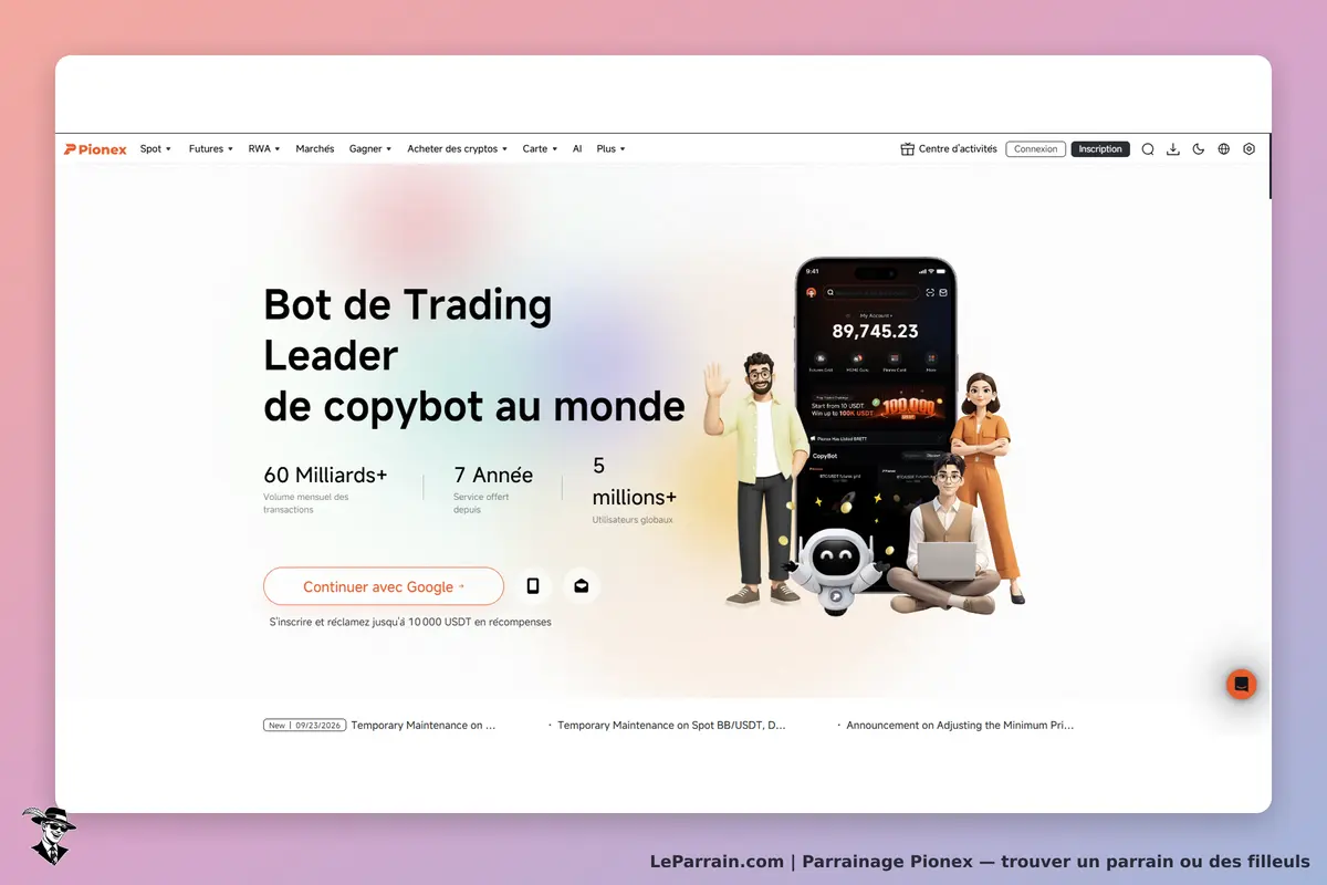 Pionex : page d'accueil présentant un bot de trading avec des personnages et un smartphone
