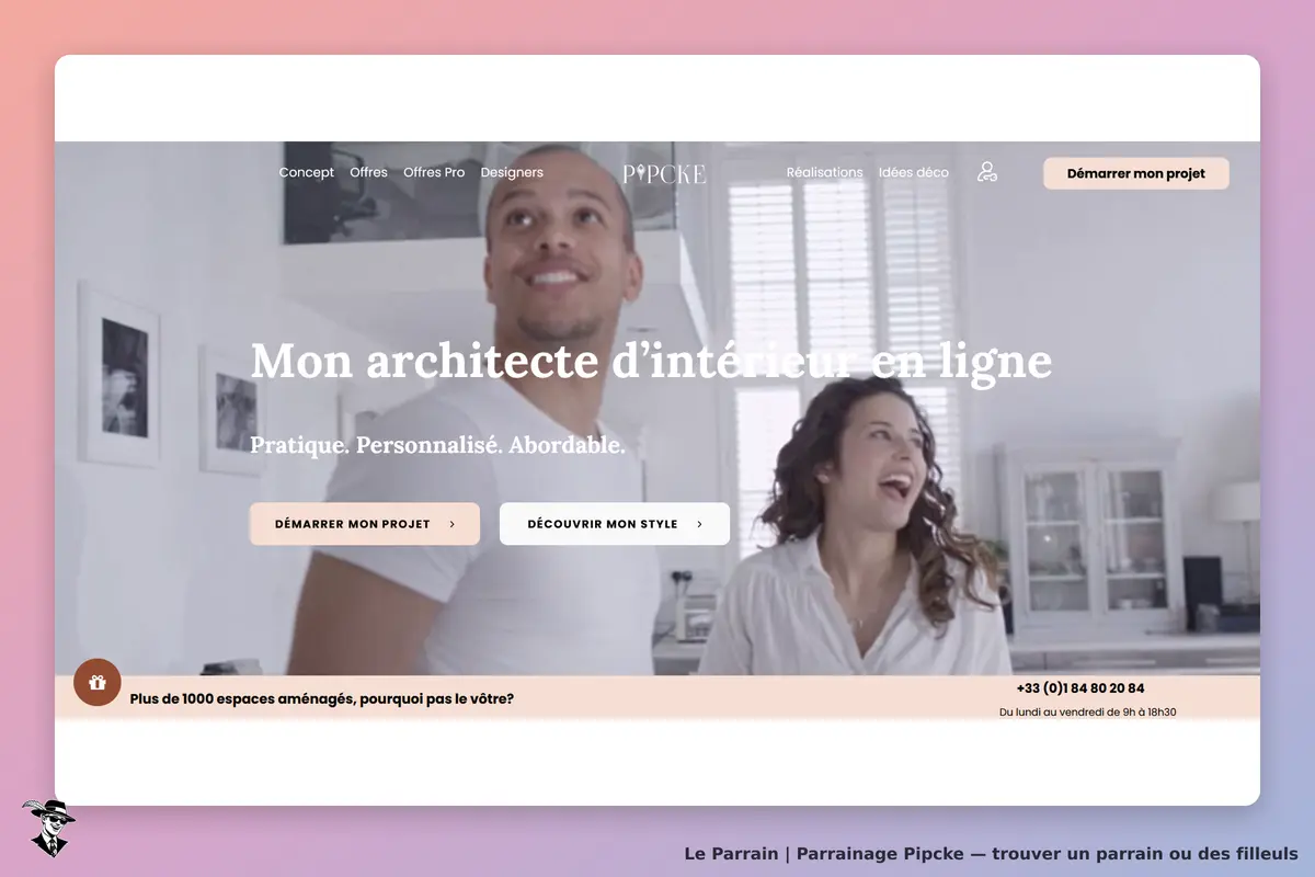 Pipcke : page d'accueil avec un homme et une femme souriants, titre sur l'architecture d'intérieur