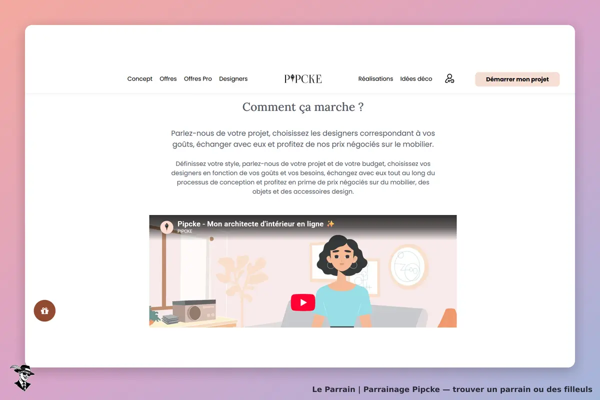 Pipcke : page d'accueil avec vidéo explicative et texte sur les projets de design intérieur