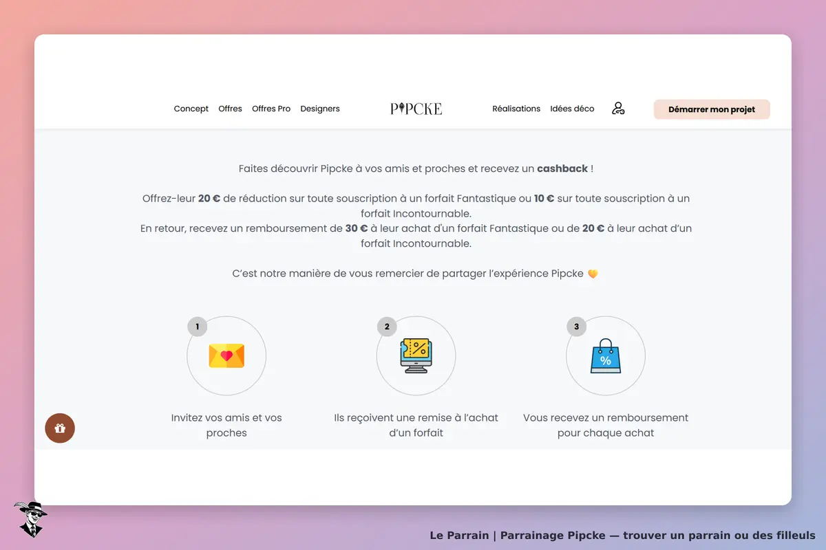 Pipcke : page d'accueil présentant un programme de parrainage avec étapes et illustrations