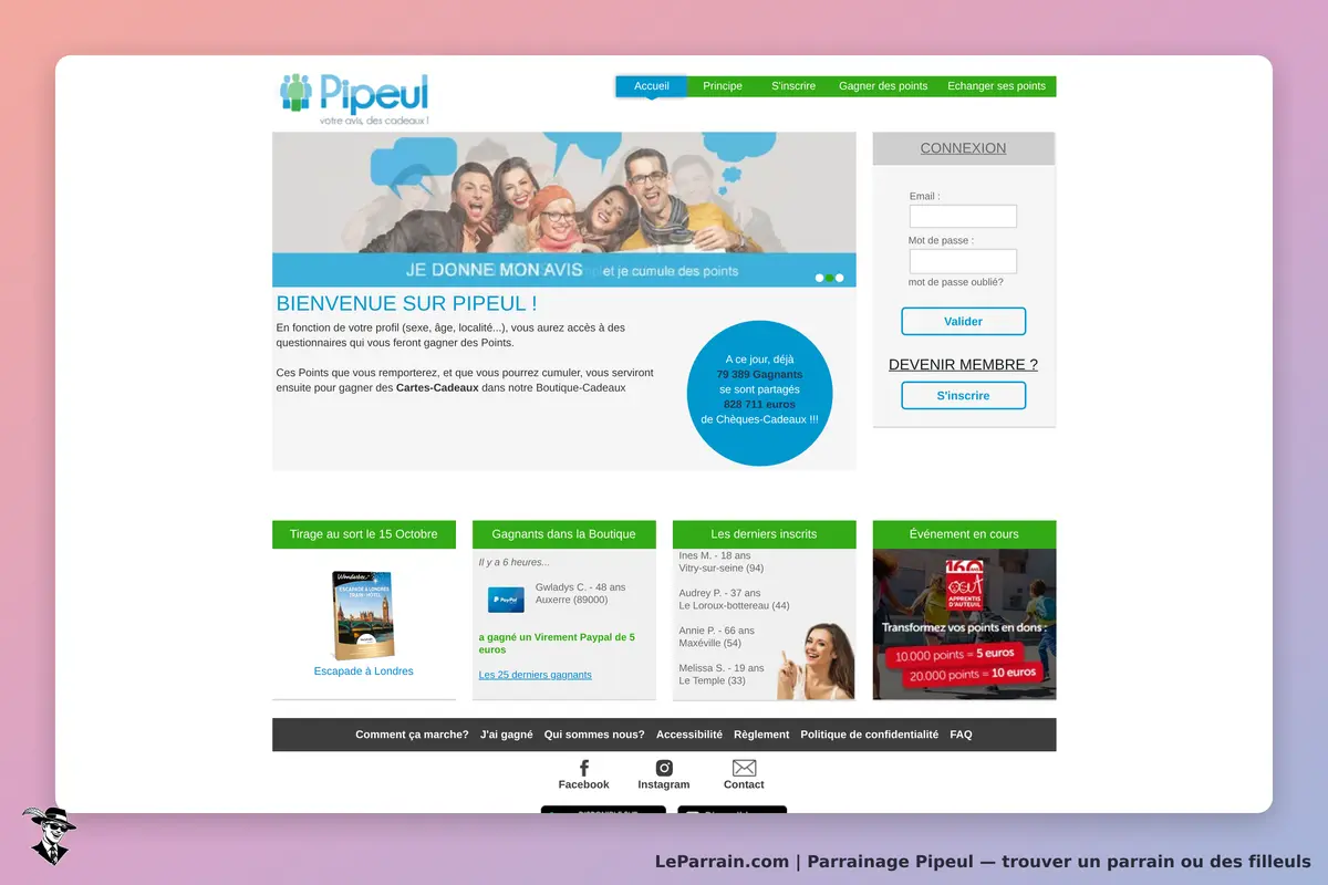 Pipeul : page d'accueil avec un message de bienvenue et des sections pour s'inscrire et se