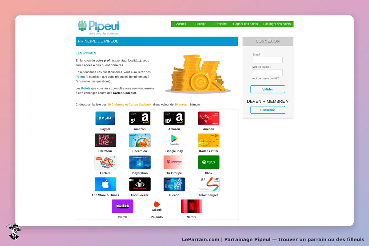 Pipeul : page présentant le principe du site et une liste de cartes-cadeaux disponibles