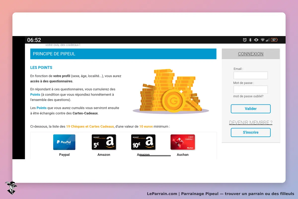 Pipeul : page d'accueil avec explication sur les points et options de connexion et d'inscription