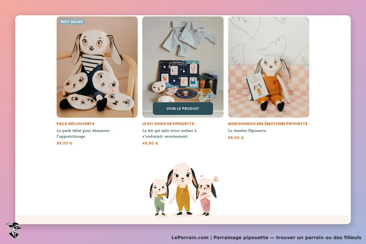 pipouette : page d'accueil avec trois produits en vitrine et un personnage au bas de l'écran