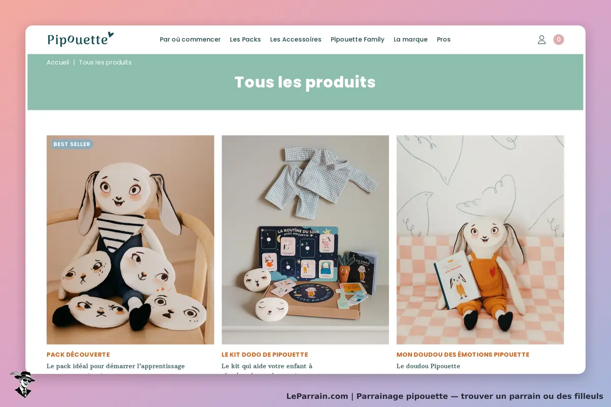 Pipouette : page présentant divers produits avec poupées et accessoires éducatifs