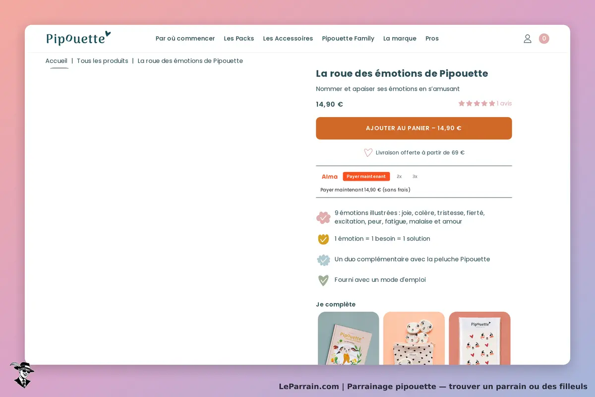 Pipouette : page produit affichant la roue des émotions et des informations sur le produit