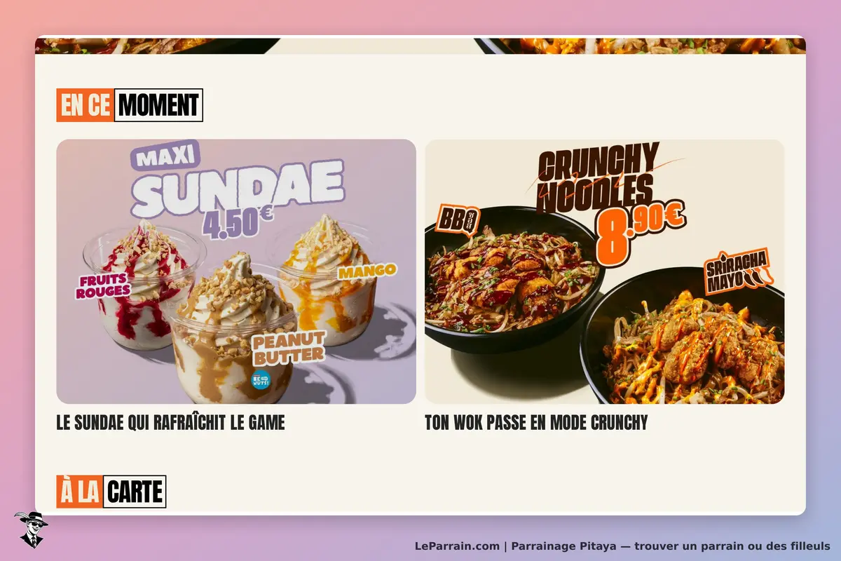 Pitaya : deux plats affichés, un sundae et des nouilles avec descriptions et prix