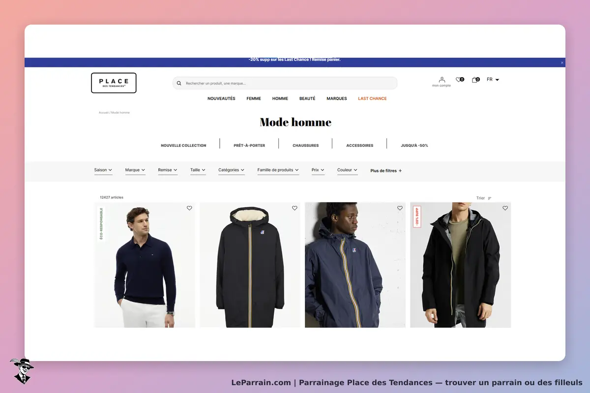 Place des Tendances : page d'accueil de la mode homme avec plusieurs vêtements affichés