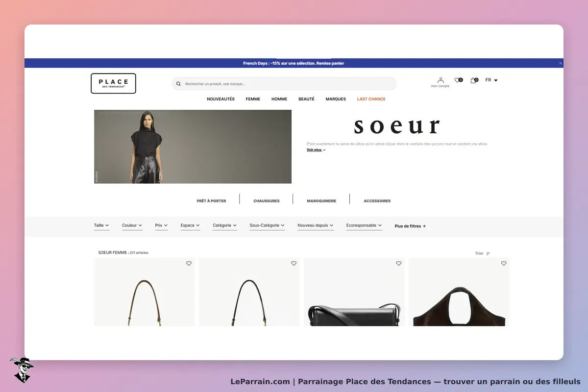 Place des Tendances : page d'accueil avec des produits de la marque Soeur et options de filtrage