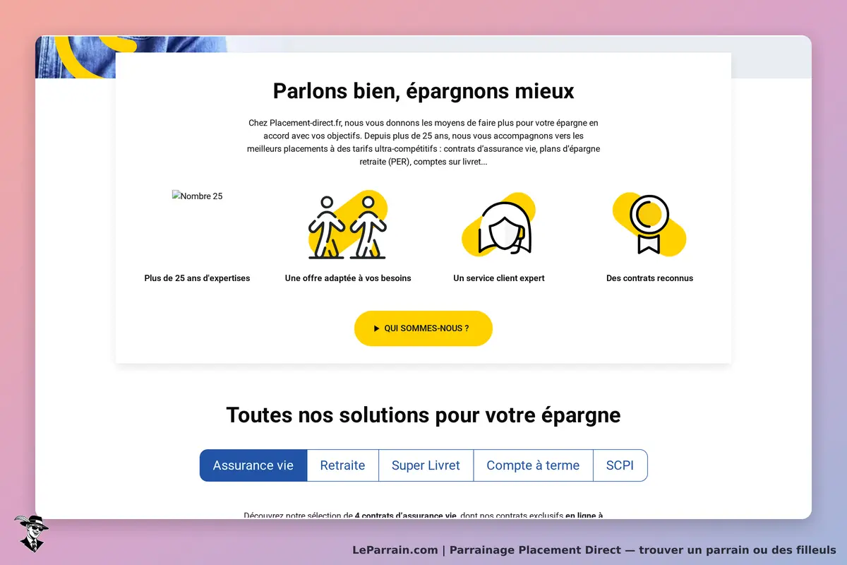 Placement Direct : page d'accueil avec des icônes et des options pour l'épargne et l'assurance