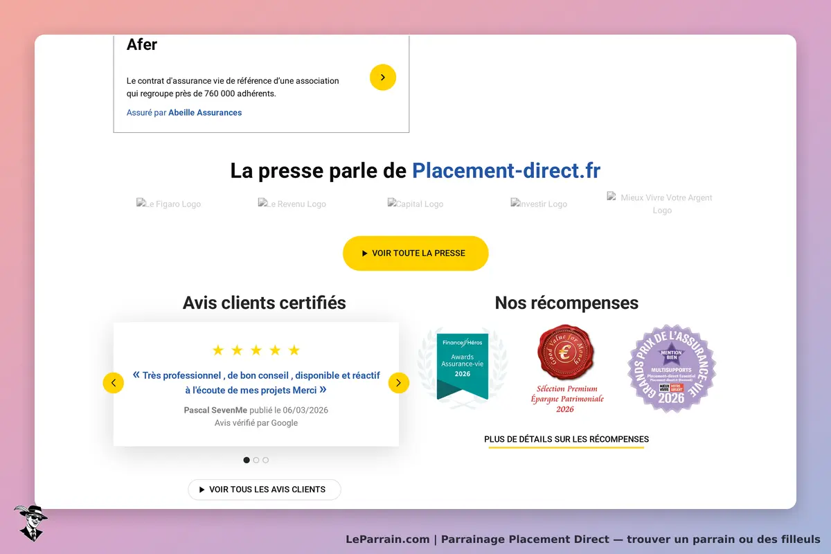 Placement Direct : page d'accueil avec avis clients, logos de presse et récompenses affichés
