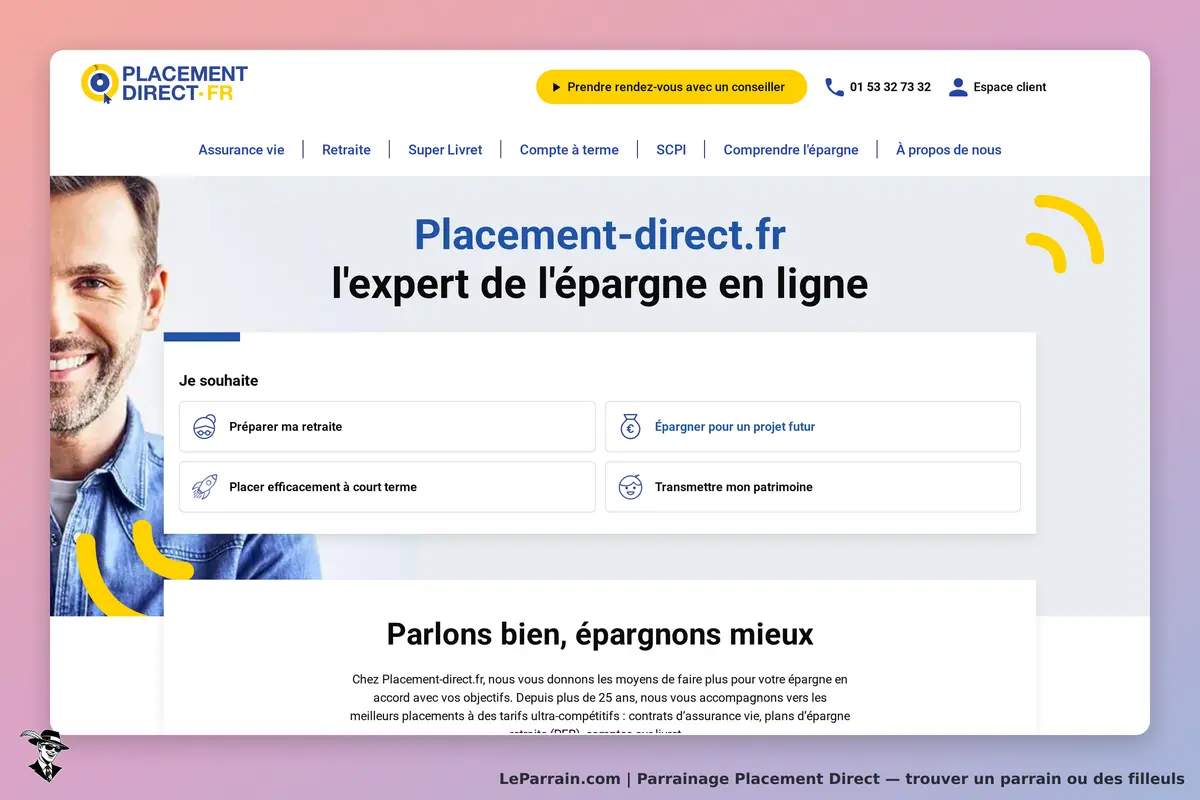 Placement Direct : page d'accueil avec options d'épargne et un conseiller visible en haut à gauche