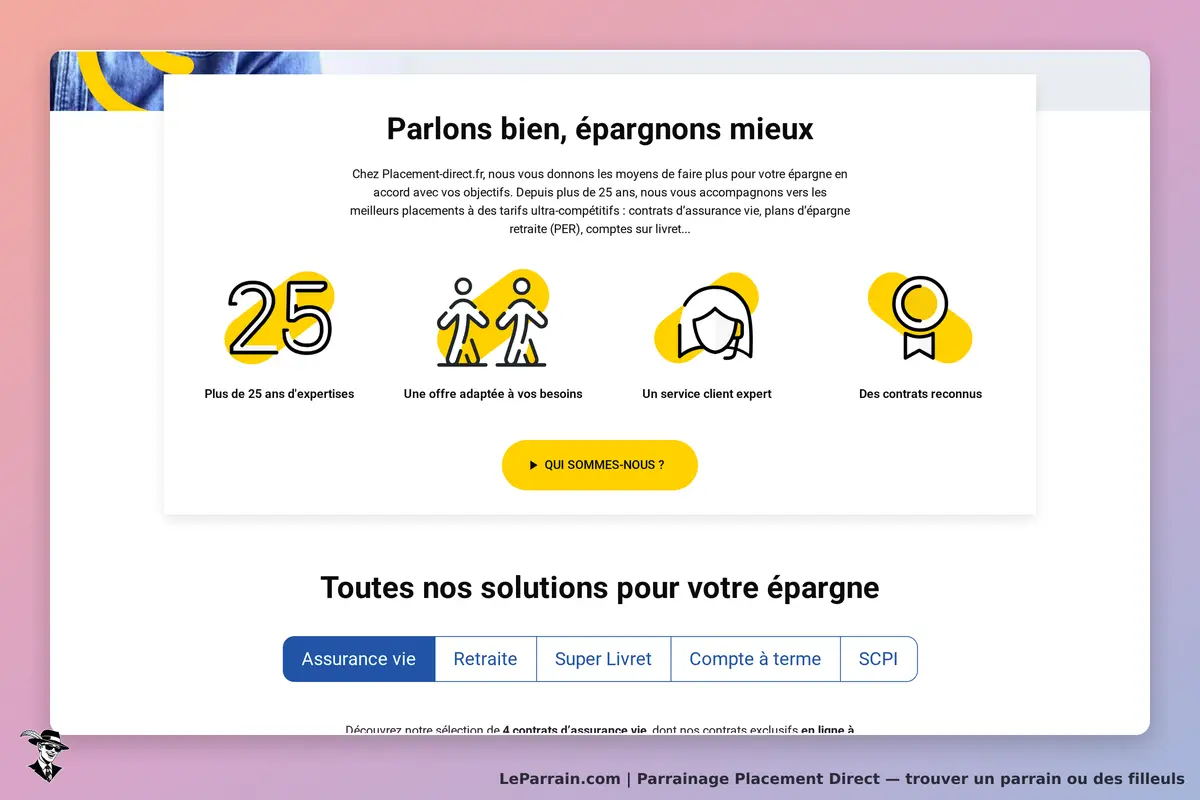 Placement Direct : section sur l'expertise et les services d'épargne avec des icônes explicatives