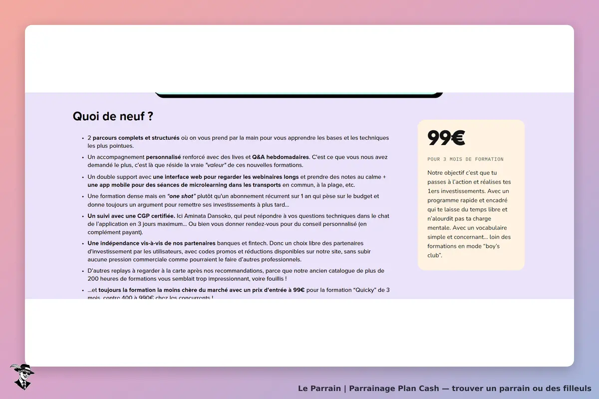 Plan Cash : capture d'écran présentant des informations sur des formations et services proposés