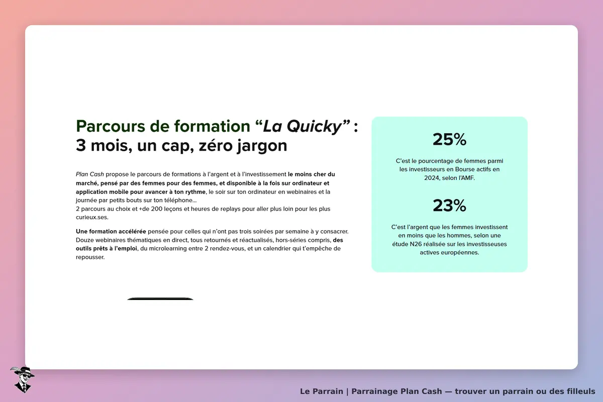 Plan Cash : page de présentation du parcours de formation "La Quicky" et statistiques sur les