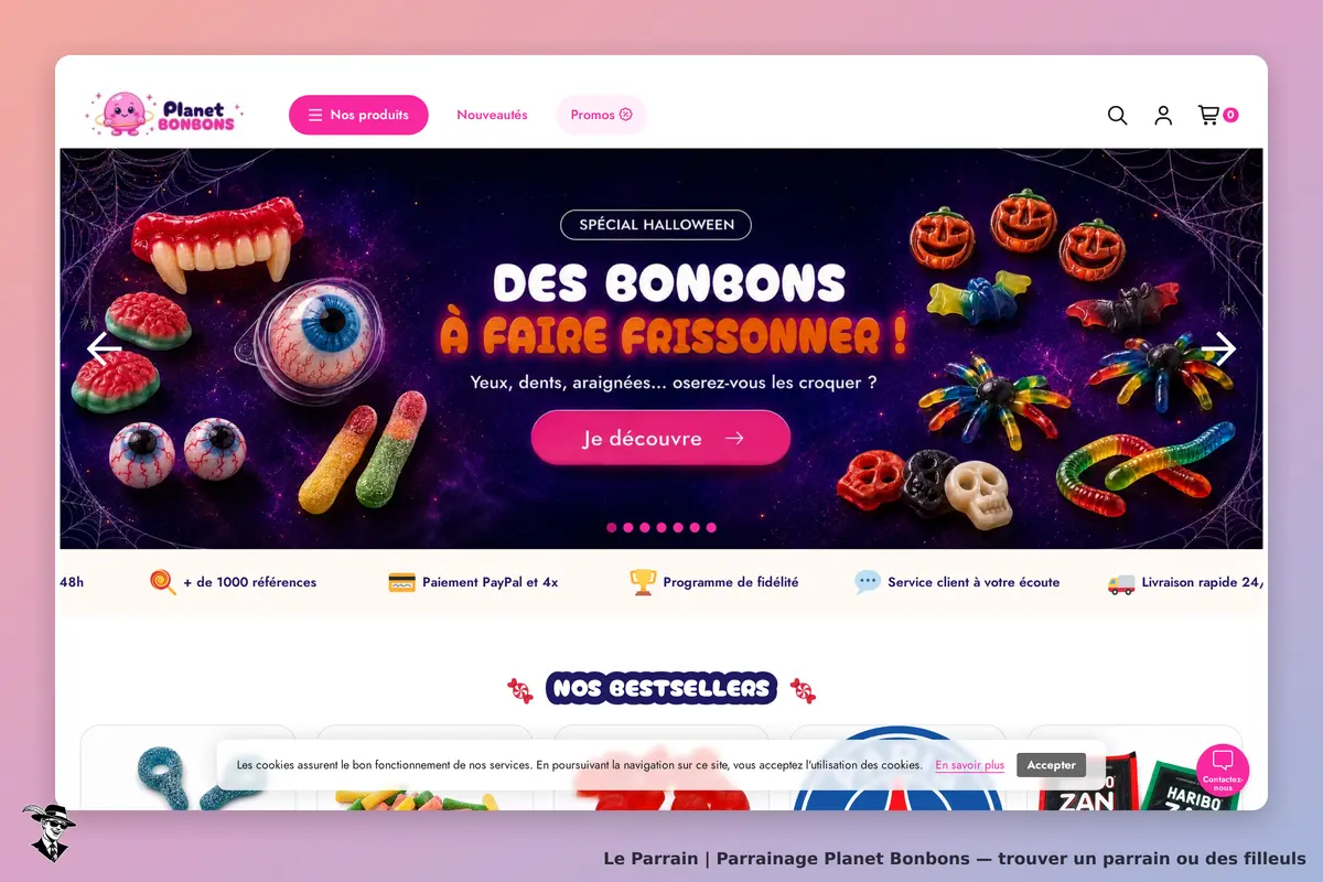 Planet Bonbons : page d'accueil avec bonbons d'Halloween colorés et texte accrocheur