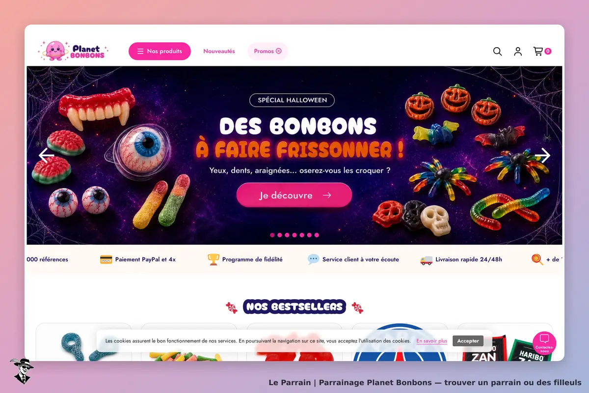 Planet Bonbons : page d'accueil avec bonbons d'Halloween et boutons de navigation