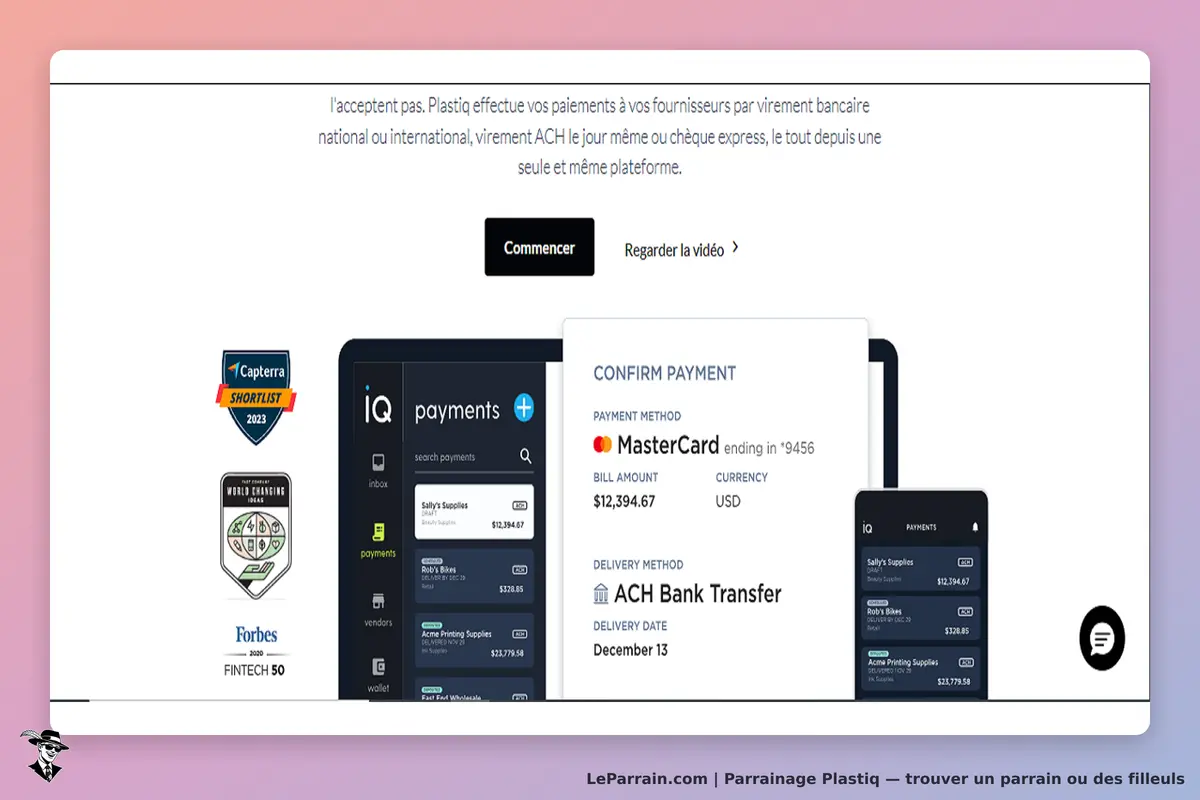Plastiq : page d'accueil avec options de paiement et informations sur la méthode de paiement