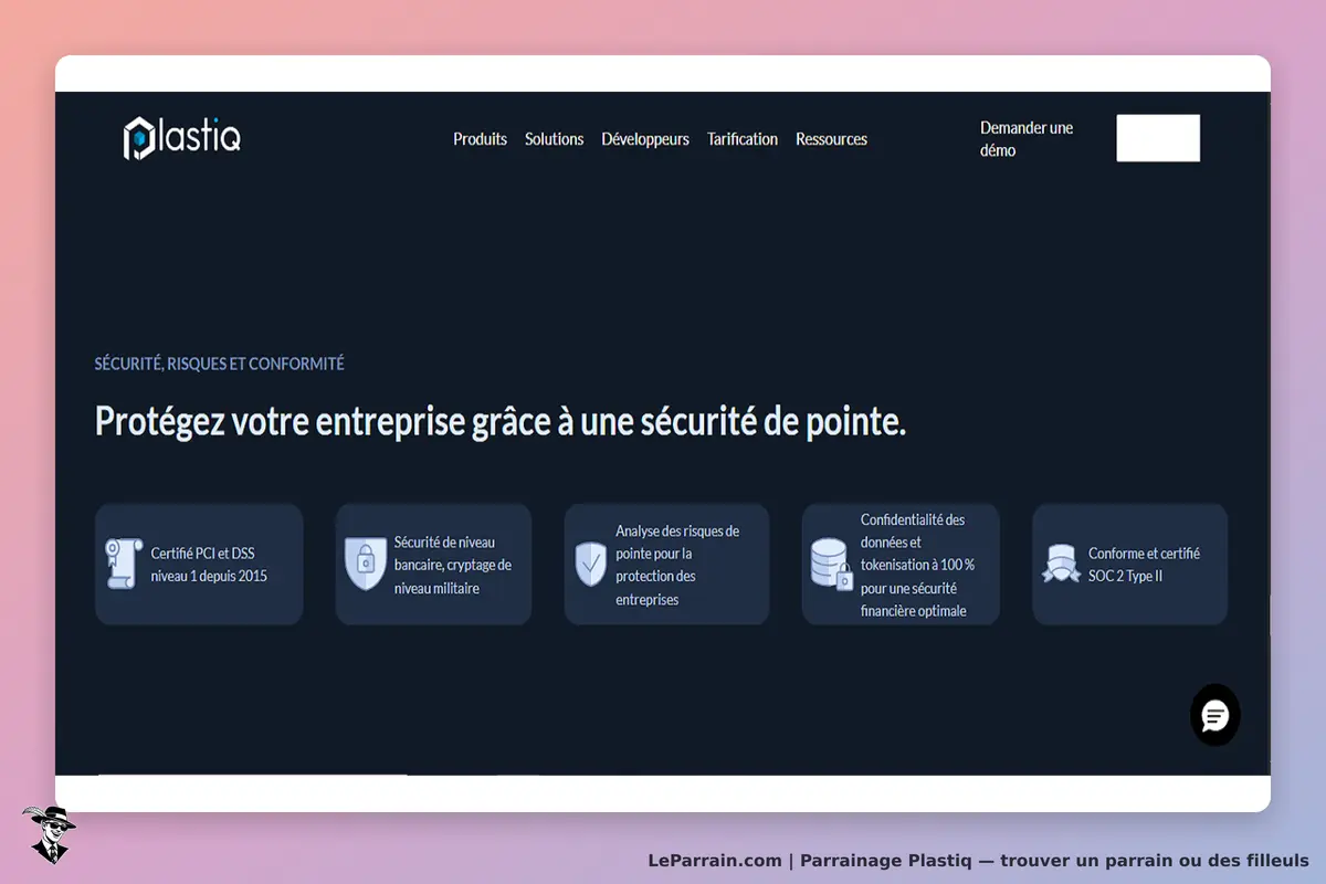 Plastiq : page d'accueil présentant des services de sécurité pour entreprises
